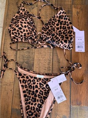 Leopard Print Triangle Bikini Set - Tan & Black top size XL, bikini small